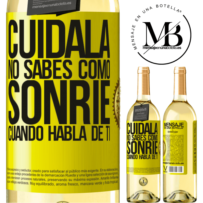 29,95 € Envoi gratuit | Vin blanc Édition WHITE Prends soin d'elle. Tu ne sais pas comment il sourit quand il parle de toi Étiquette Jaune. Étiquette personnalisable Vin jeune Récolte 2022 Verdejo