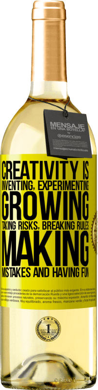 29,95 € | White Wine WHITE Edition Creativity is inventing, experimenting, growing, taking risks, breaking rules, making mistakes, and having fun Yellow Label. Customizable label Young wine Harvest 2023 Verdejo