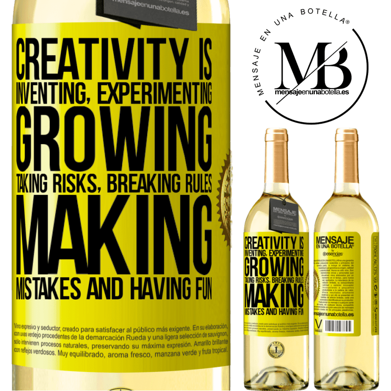 29,95 € Free Shipping | White Wine WHITE Edition Creativity is inventing, experimenting, growing, taking risks, breaking rules, making mistakes, and having fun Yellow Label. Customizable label Young wine Harvest 2022 Verdejo
