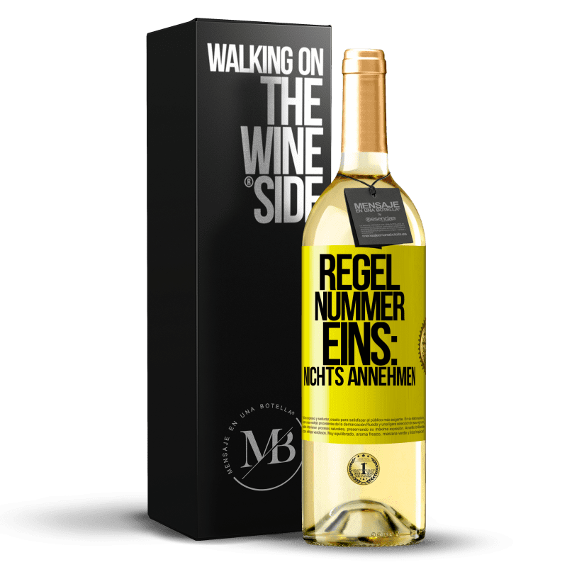 29,95 € Kostenloser Versand | Weißwein WHITE Ausgabe Regel Nummer eins: nichts annehmen Gelbes Etikett. Anpassbares Etikett Junger Wein Ernte 2023 Verdejo