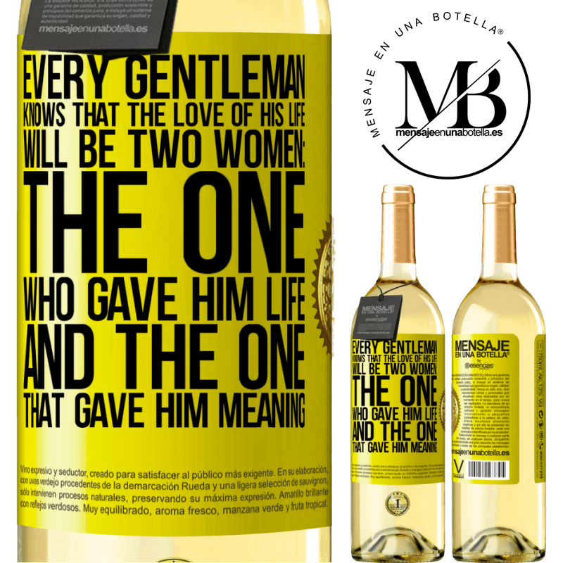 29,95 € Free Shipping | White Wine WHITE Edition Every gentleman knows that the love of his life will be two women: the one who gave him life and the one that gave him Yellow Label. Customizable label Young wine Harvest 2022 Verdejo