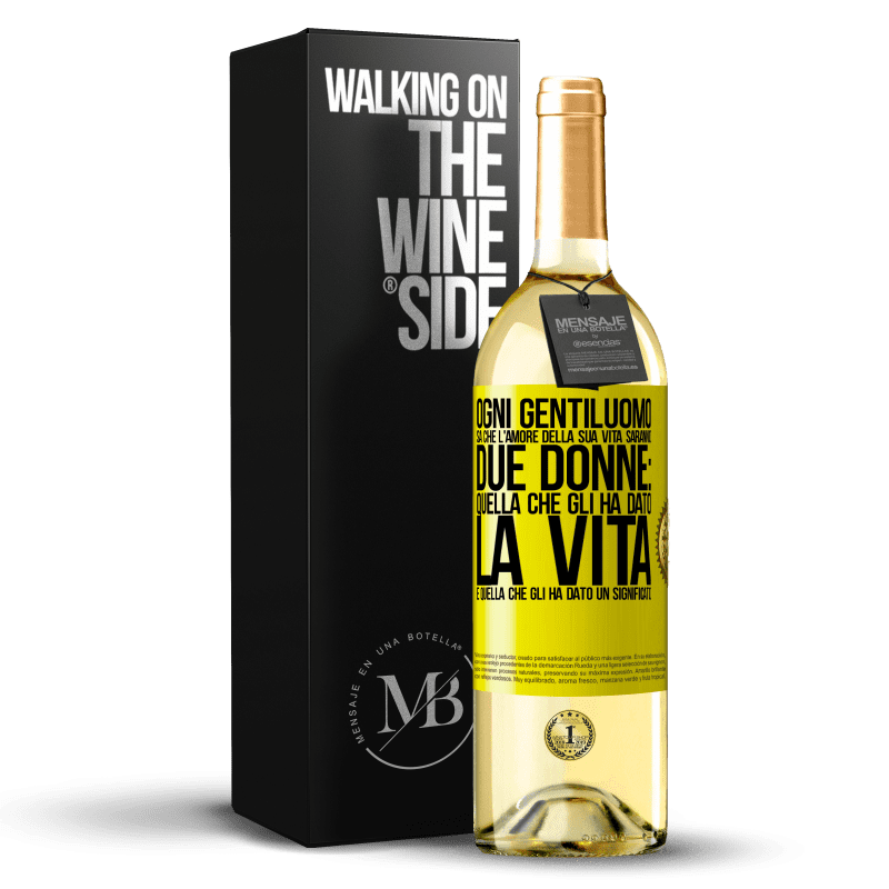 29,95 € Spedizione Gratuita | Vino bianco Edizione WHITE Ogni gentiluomo sa che l'amore della sua vita saranno due donne: quella che gli ha dato la vita e quella che gli ha dato un Etichetta Gialla. Etichetta personalizzabile Vino giovane Raccogliere 2024 Verdejo