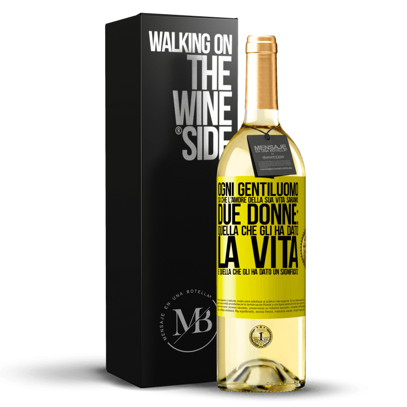 29,95 € Spedizione Gratuita | Vino bianco Edizione WHITE Ogni gentiluomo sa che l'amore della sua vita saranno due donne: quella che gli ha dato la vita e quella che gli ha dato un Etichetta Gialla. Etichetta personalizzabile Vino giovane Raccogliere 2025 Verdejo
