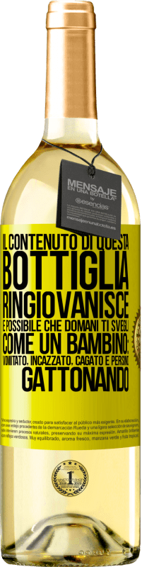 29,95 € | Vino bianco Edizione WHITE Il contenuto di questa bottiglia ringiovanisce. È possibile che domani ti svegli come un bambino: vomitato, incazzato, Etichetta Gialla. Etichetta personalizzabile Vino giovane Raccogliere 2023 Verdejo