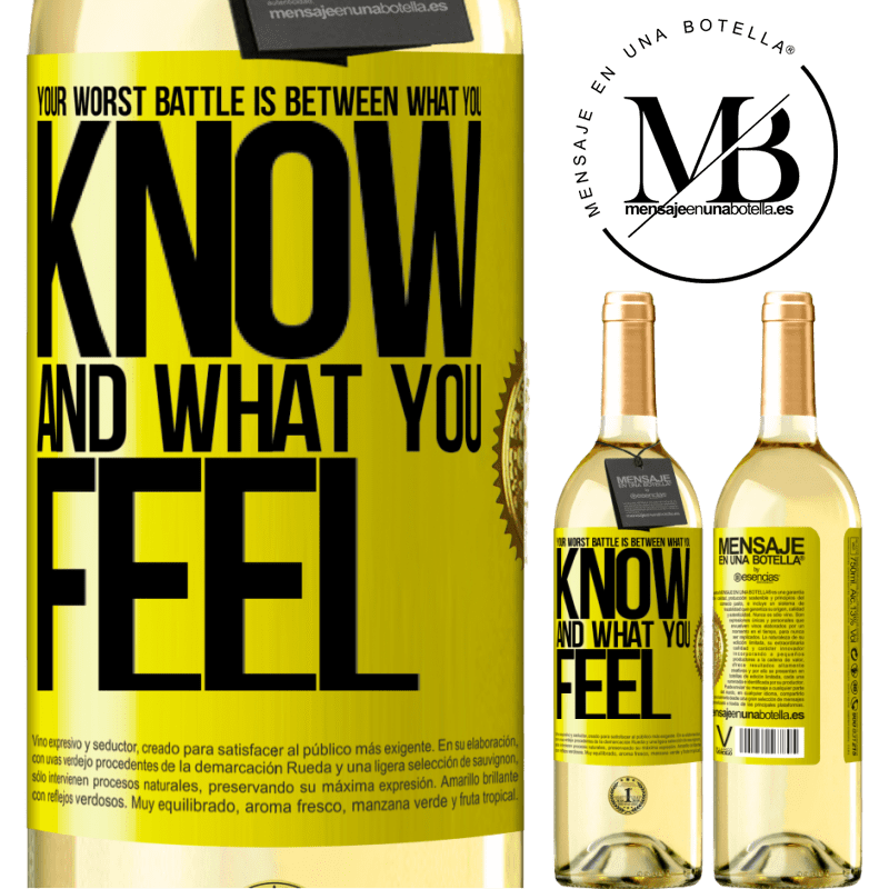29,95 € Free Shipping | White Wine WHITE Edition Your worst battle is between what you know and what you feel Yellow Label. Customizable label Young wine Harvest 2022 Verdejo