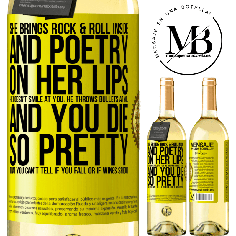 29,95 € Free Shipping | White Wine WHITE Edition She brings Rock & Roll inside and poetry on her lips. He doesn't smile at you, he throws bullets at you, and you die so Yellow Label. Customizable label Young wine Harvest 2023 Verdejo