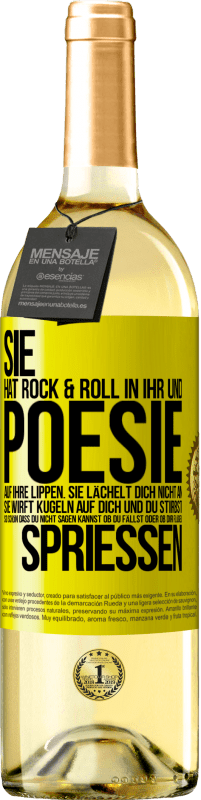 29,95 € Kostenloser Versand | Weißwein WHITE Ausgabe Sie hat Rock & Roll in ihr und Poesie auf ihre Lippen. Sie lächelt dich nicht an, sie wirft Kugeln auf dich und du stirbst so sc Gelbes Etikett. Anpassbares Etikett Junger Wein Ernte 2025 Verdejo