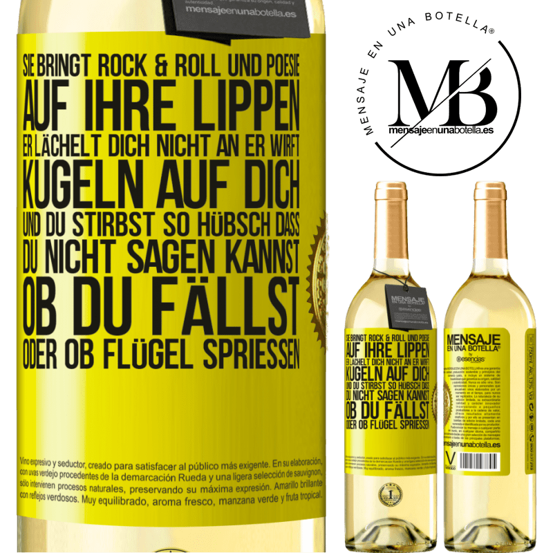 29,95 € Kostenloser Versand | Weißwein WHITE Ausgabe Sie hat Rock & Roll in ihr und Poesie auf ihre Lippen. Sie lächelt dich nicht an, sie wirft Kugeln auf dich und du stirbst so sc Gelbes Etikett. Anpassbares Etikett Junger Wein Ernte 2023 Verdejo