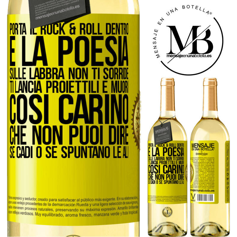 29,95 € Spedizione Gratuita | Vino bianco Edizione WHITE Porta il Rock & Roll dentro e la poesia sulle labbra. Non ti sorride, ti lancia proiettili e muori così carino che non puoi Etichetta Gialla. Etichetta personalizzabile Vino giovane Raccogliere 2023 Verdejo