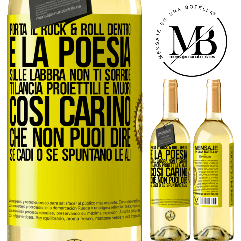 29,95 € Spedizione Gratuita | Vino bianco Edizione WHITE Porta il Rock & Roll dentro e la poesia sulle labbra. Non ti sorride, ti lancia proiettili e muori così carino che non puoi Etichetta Gialla. Etichetta personalizzabile Vino giovane Raccogliere 2025 Verdejo