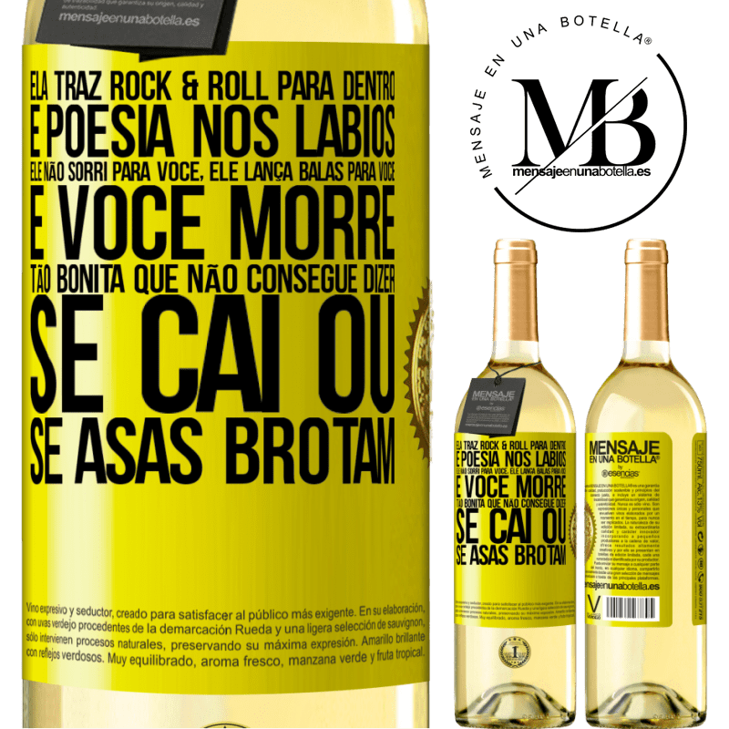 29,95 € Envio grátis | Vinho branco Edição WHITE Ela traz Rock & Roll para dentro e poesia nos lábios. Ele não sorri para você, ele lança balas para você e você morre tão Etiqueta Amarela. Etiqueta personalizável Vinho jovem Colheita 2023 Verdejo