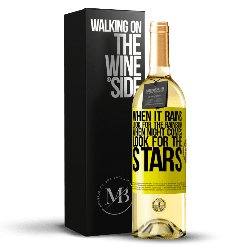 29,95 € Free Shipping | White Wine WHITE Edition When it rains, look for the rainbow, when night comes, look for the stars Yellow Label. Customizable label Young wine Harvest 2024 Verdejo