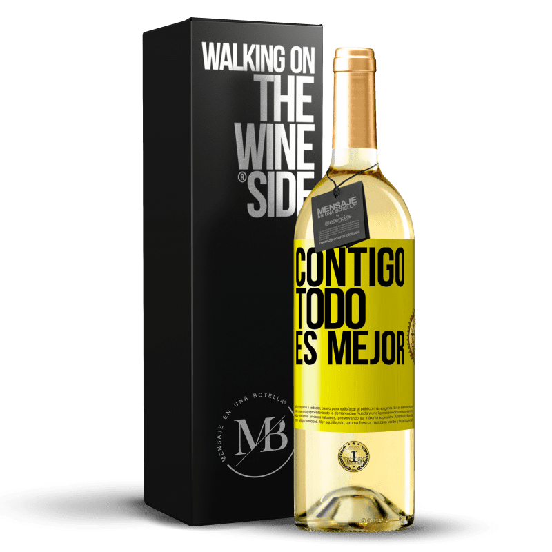 29,95 € Envío gratis | Vino Blanco Edición WHITE Contigo todo es mejor Etiqueta Amarilla. Etiqueta personalizable Vino joven Cosecha 2024 Verdejo