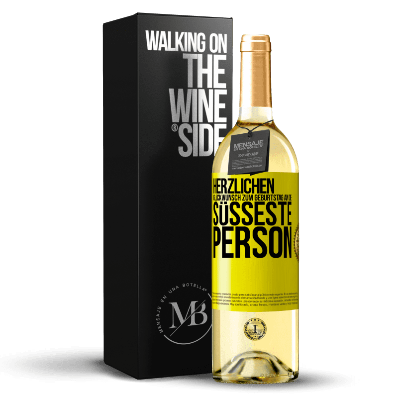 29,95 € Kostenloser Versand | Weißwein WHITE Ausgabe Herzlichen Glückwunsch zum Geburtstag an die süßeste Person Gelbes Etikett. Anpassbares Etikett Junger Wein Ernte 2023 Verdejo
