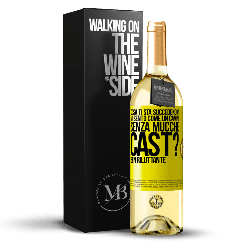29,95 € Spedizione Gratuita | Vino bianco Edizione WHITE Cosa ti sta succedendo? Mi sento come un campo senza mucche. Cast? Ben riluttante Etichetta Gialla. Etichetta personalizzabile Vino giovane Raccogliere 2025 Verdejo