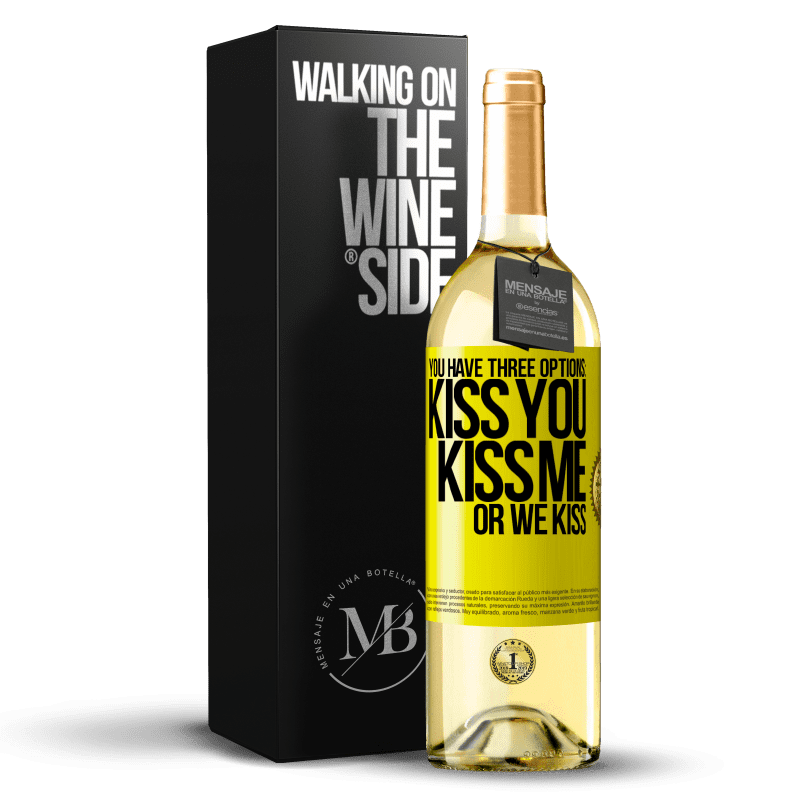 29,95 € Free Shipping | White Wine WHITE Edition You have three options: kiss you, kiss me or we kiss Yellow Label. Customizable label Young wine Harvest 2024 Verdejo