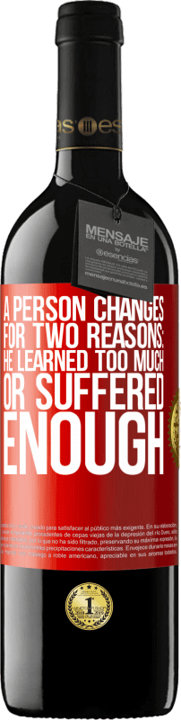 39,95 € | Red Wine RED Edition MBE Reserve A person changes for two reasons: he learned too much or suffered enough Red Label. Customizable label Reserve 12 Months Harvest 2014 Tempranillo