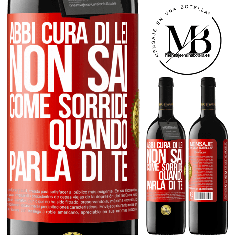 39,95 € Spedizione Gratuita | Vino rosso Edizione RED MBE Riserva Abbi cura di lei. Non sai come sorride quando parla di te Etichetta Rossa. Etichetta personalizzabile Riserva 12 Mesi Raccogliere 2015 Tempranillo