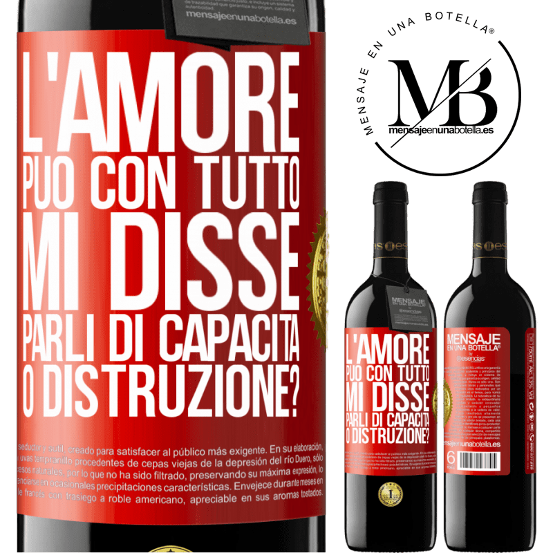 39,95 € Spedizione Gratuita | Vino rosso Edizione RED MBE Riserva L'amore può con tutto, mi disse. Parli di capacità o distruzione? Etichetta Rossa. Etichetta personalizzabile Riserva 12 Mesi Raccogliere 2015 Tempranillo