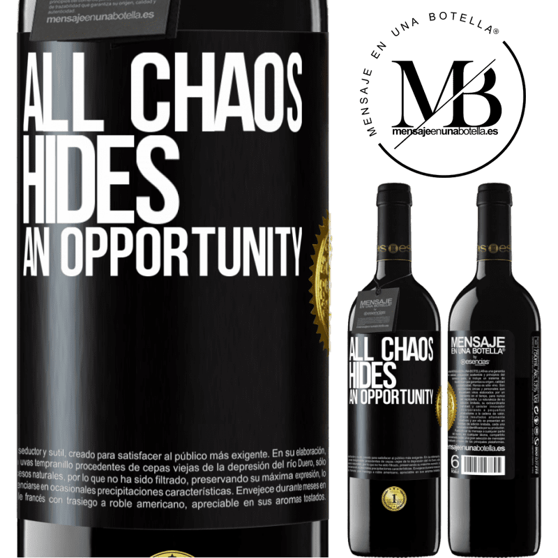 24,95 € Free Shipping | Red Wine RED Edition Crianza 6 Months All chaos hides an opportunity Black Label. Customizable label Aging in oak barrels 6 Months Harvest 2019 Tempranillo