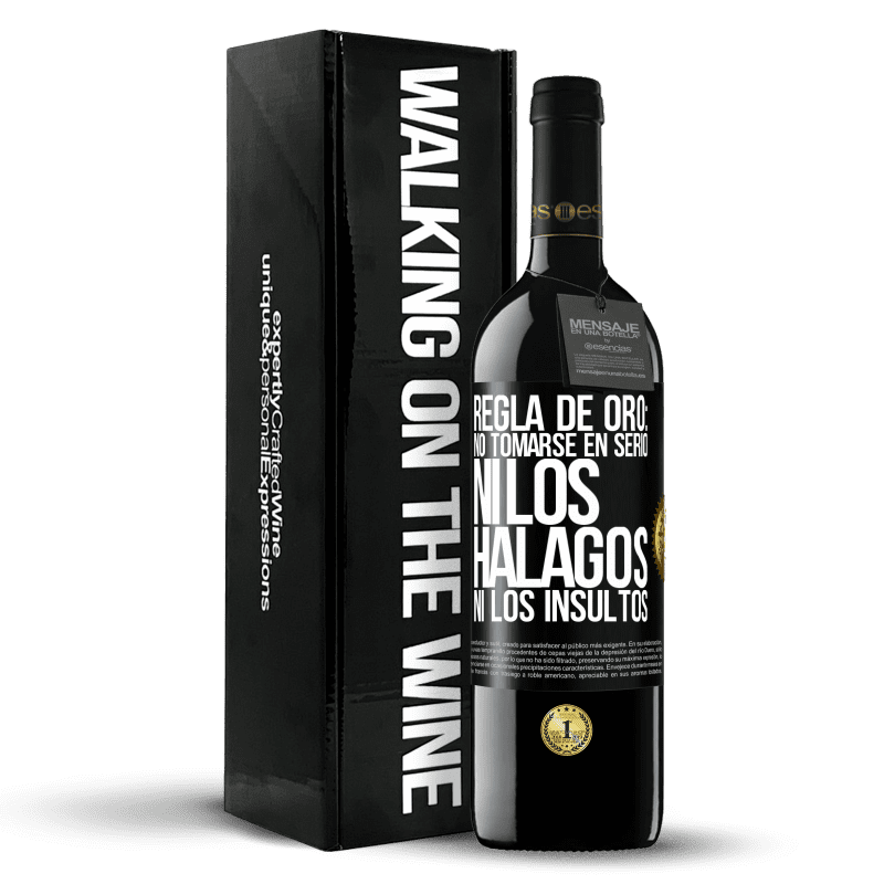 39,95 € Envío gratis | Vino Tinto Edición RED MBE Reserva Regla de oro: no tomarse en serio ni los halagos, ni los insultos Etiqueta Negra. Etiqueta personalizable Reserva 12 Meses Cosecha 2015 Tempranillo