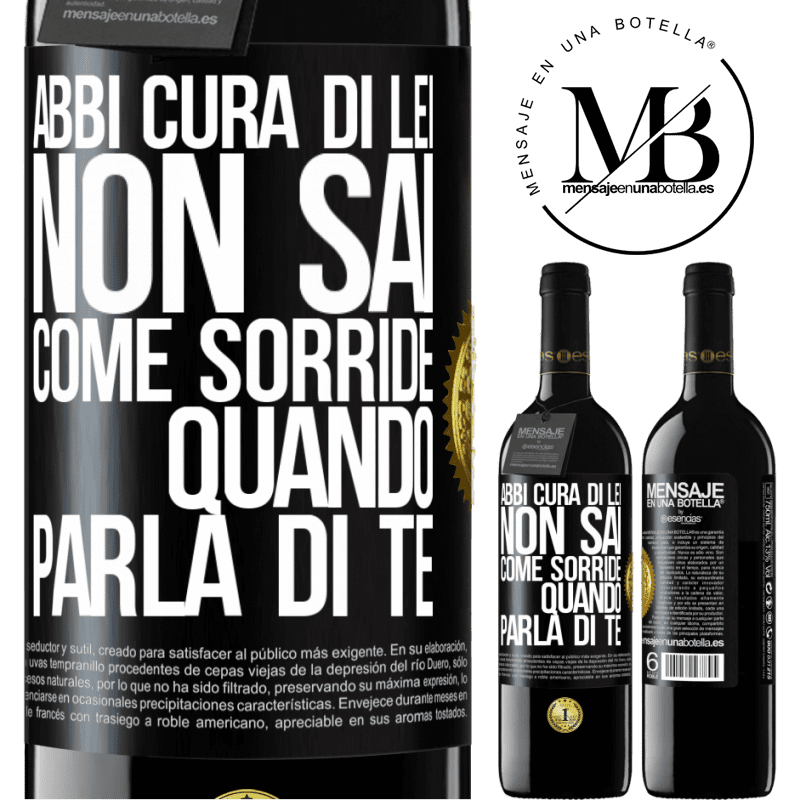 39,95 € Spedizione Gratuita | Vino rosso Edizione RED MBE Riserva Abbi cura di lei. Non sai come sorride quando parla di te Etichetta Nera. Etichetta personalizzabile Riserva 12 Mesi Raccogliere 2015 Tempranillo