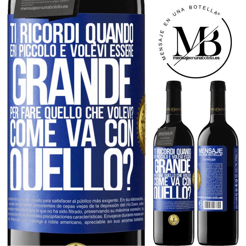 39,95 € Spedizione Gratuita | Vino rosso Edizione RED MBE Riserva ti ricordi quando eri piccolo e volevi essere grande per fare quello che volevi? Come va con quello? Etichetta Blu. Etichetta personalizzabile Riserva 12 Mesi Raccogliere 2015 Tempranillo