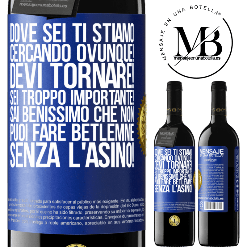 39,95 € Spedizione Gratuita | Vino rosso Edizione RED MBE Riserva Dove sei Ti stiamo cercando ovunque! Devi tornare! Sei troppo importante! Sai benissimo che non puoi fare Betlemme senza Etichetta Blu. Etichetta personalizzabile Riserva 12 Mesi Raccogliere 2014 Tempranillo