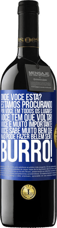 39,95 € | Vinho tinto Edição RED MBE Reserva Onde você está? Estamos procurando por você em todos os lugares! Você tem que voltar! Você é muito importante! Você sabe Etiqueta Azul. Etiqueta personalizável Reserva 12 Meses Colheita 2015 Tempranillo