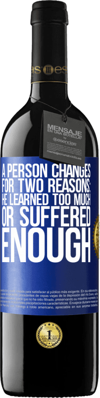 39,95 € | Red Wine RED Edition MBE Reserve A person changes for two reasons: he learned too much or suffered enough Blue Label. Customizable label Reserve 12 Months Harvest 2014 Tempranillo