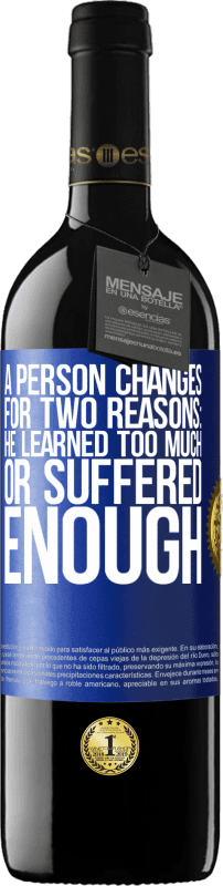 39,95 € | Red Wine RED Edition MBE Reserve A person changes for two reasons: he learned too much or suffered enough Blue Label. Customizable label Reserve 12 Months Harvest 2015 Tempranillo