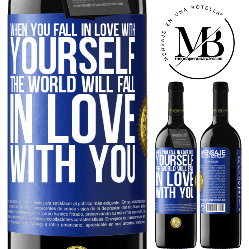 24,95 € Free Shipping | Red Wine RED Edition Crianza 6 Months When you fall in love with yourself, the world will fall in love with you Blue Label. Customizable label Aging in oak barrels 6 Months Harvest 2019 Tempranillo