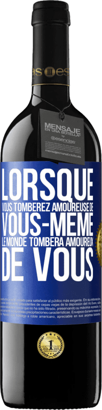 39,95 € | Vin rouge Édition RED MBE Réserve Lorsque vous tomberez amoureuse de vous-même le monde tombera amoureux de vous Étiquette Bleue. Étiquette personnalisable Réserve 12 Mois Récolte 2014 Tempranillo