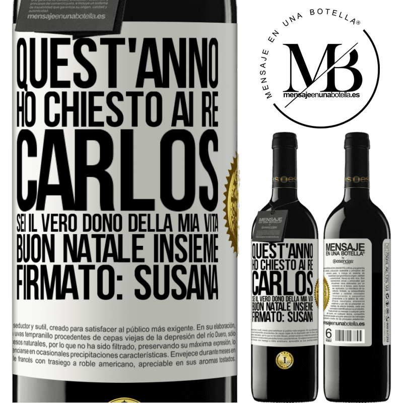 39,95 € Spedizione Gratuita | Vino rosso Edizione RED MBE Riserva Quest'anno ho chiesto ai re. Carlos, sei il vero dono della mia vita. Buon Natale insieme. Firmato: Susana Etichetta Bianca. Etichetta personalizzabile Riserva 12 Mesi Raccogliere 2016 Tempranillo