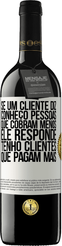 39,95 € | Vinho tinto Edição RED MBE Reserva Se um cliente diz Conheço pessoas que cobram menos, ele responde Tenho clientes que pagam mais Etiqueta Branca. Etiqueta personalizável Reserva 12 Meses Colheita 2015 Tempranillo