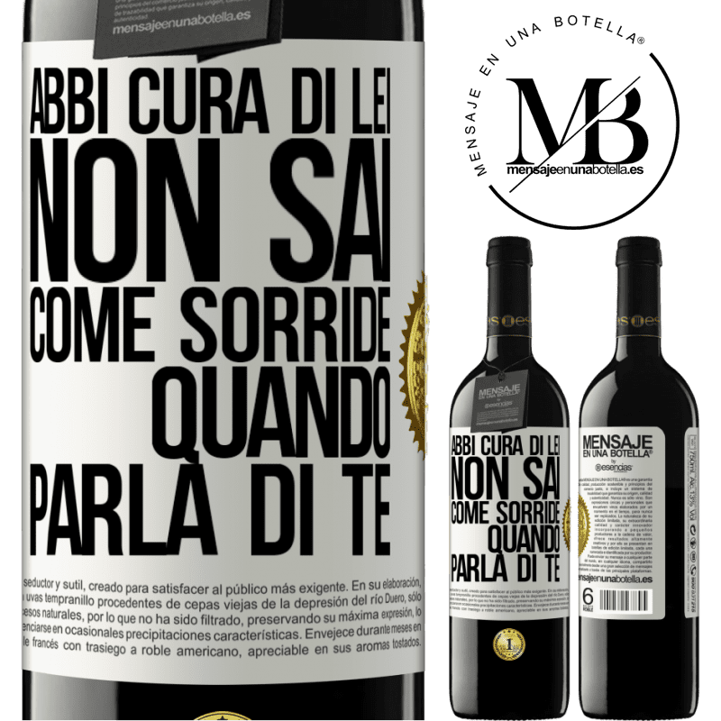 39,95 € Spedizione Gratuita | Vino rosso Edizione RED MBE Riserva Abbi cura di lei. Non sai come sorride quando parla di te Etichetta Bianca. Etichetta personalizzabile Riserva 12 Mesi Raccogliere 2015 Tempranillo