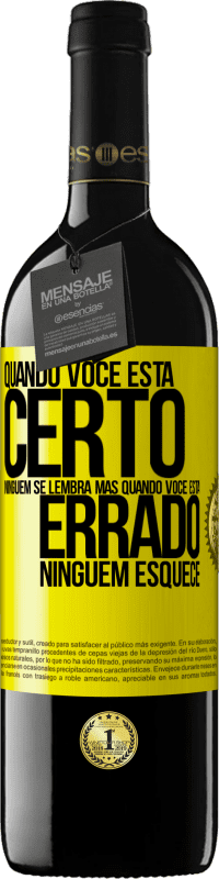 39,95 € | Vinho tinto Edição RED MBE Reserva Quando você está certo, ninguém se lembra, mas quando você está errado, ninguém esquece Etiqueta Amarela. Etiqueta personalizável Reserva 12 Meses Colheita 2015 Tempranillo