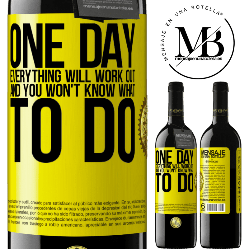 24,95 € Free Shipping | Red Wine RED Edition Crianza 6 Months One day everything will work out and you won't know what to do Yellow Label. Customizable label Aging in oak barrels 6 Months Harvest 2019 Tempranillo