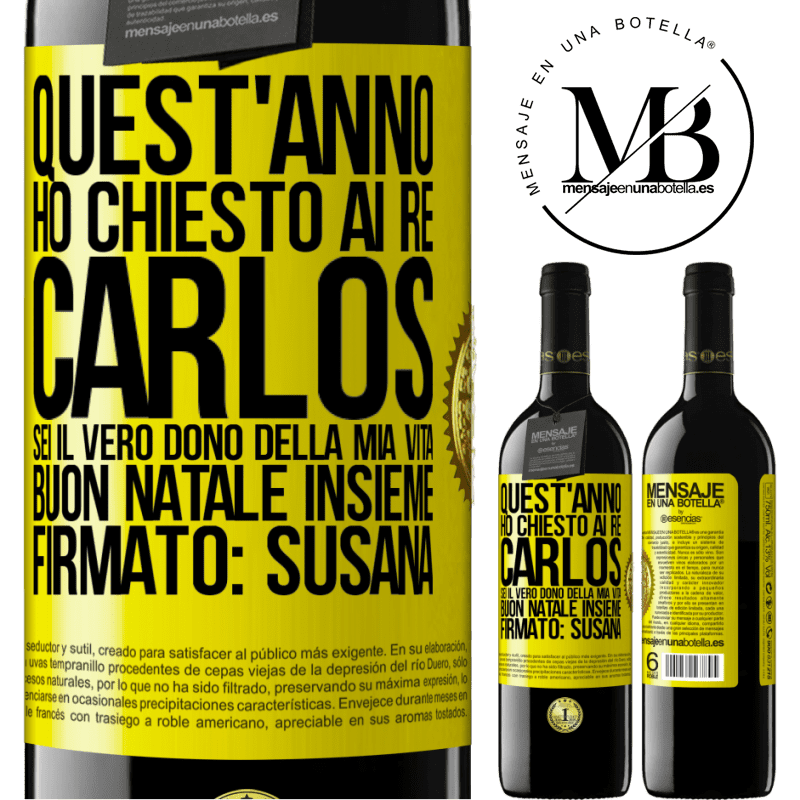 39,95 € Spedizione Gratuita | Vino rosso Edizione RED MBE Riserva Quest'anno ho chiesto ai re. Carlos, sei il vero dono della mia vita. Buon Natale insieme. Firmato: Susana Etichetta Gialla. Etichetta personalizzabile Riserva 12 Mesi Raccogliere 2015 Tempranillo