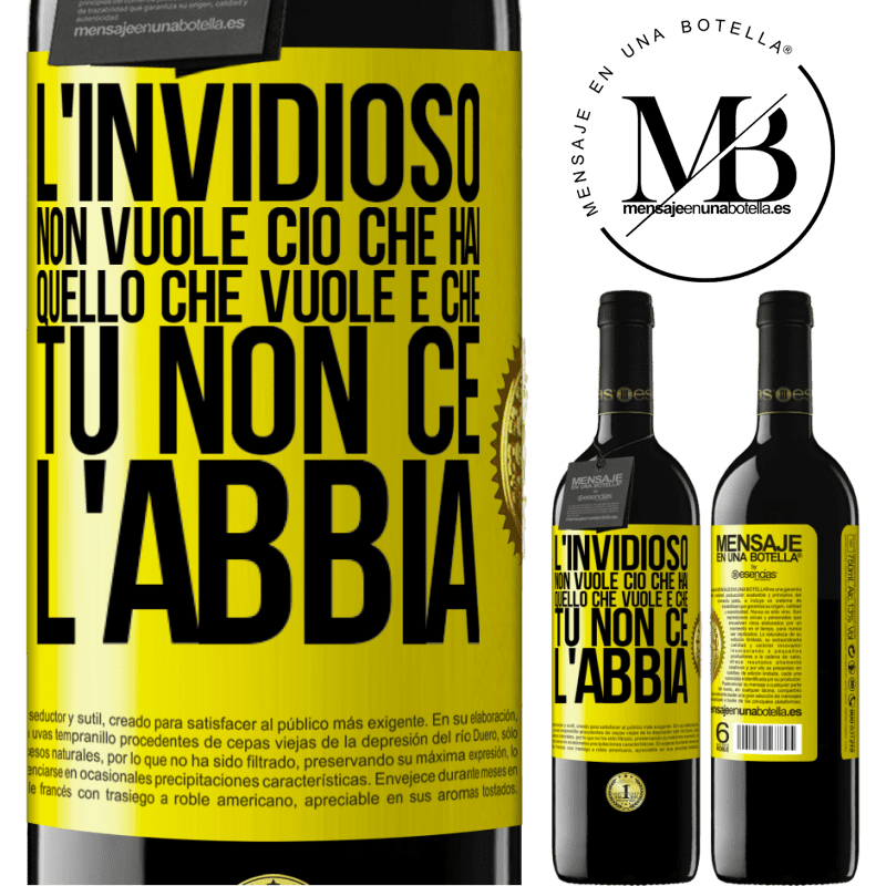 39,95 € Spedizione Gratuita | Vino rosso Edizione RED MBE Riserva L'invidioso non vuole ciò che hai. Quello che vuole è che tu non ce l'abbia Etichetta Gialla. Etichetta personalizzabile Riserva 12 Mesi Raccogliere 2014 Tempranillo