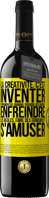 39,95 € | Vin rouge Édition RED MBE Réserve La créativité, c'est inventer, expérimenter, grandir, prendre des risques, enfreindre les règles, faire des erreurs et s'amuser Étiquette Jaune. Étiquette personnalisable Réserve 12 Mois Récolte 2015 Tempranillo