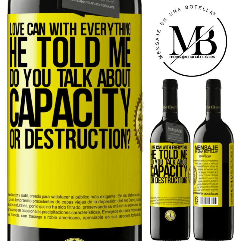 24,95 € Free Shipping | Red Wine RED Edition Crianza 6 Months Love can with everything, he told me. Do you talk about capacity or destruction? Yellow Label. Customizable label Aging in oak barrels 6 Months Harvest 2019 Tempranillo