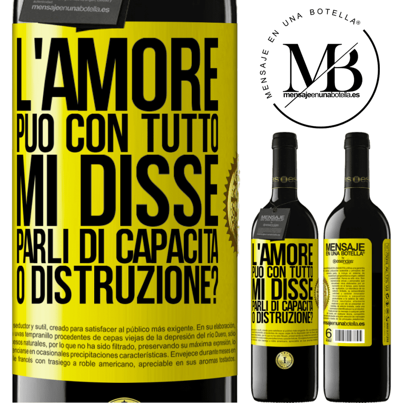 39,95 € Spedizione Gratuita | Vino rosso Edizione RED MBE Riserva L'amore può con tutto, mi disse. Parli di capacità o distruzione? Etichetta Gialla. Etichetta personalizzabile Riserva 12 Mesi Raccogliere 2015 Tempranillo