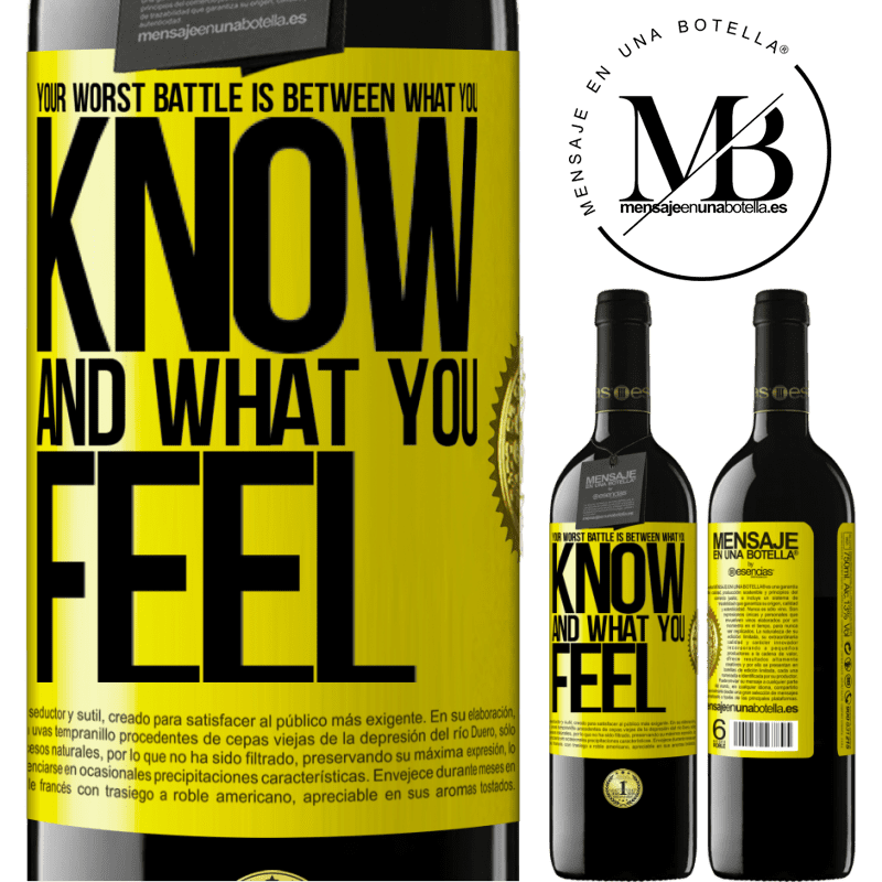 24,95 € Free Shipping | Red Wine RED Edition Crianza 6 Months Your worst battle is between what you know and what you feel Yellow Label. Customizable label Aging in oak barrels 6 Months Harvest 2019 Tempranillo