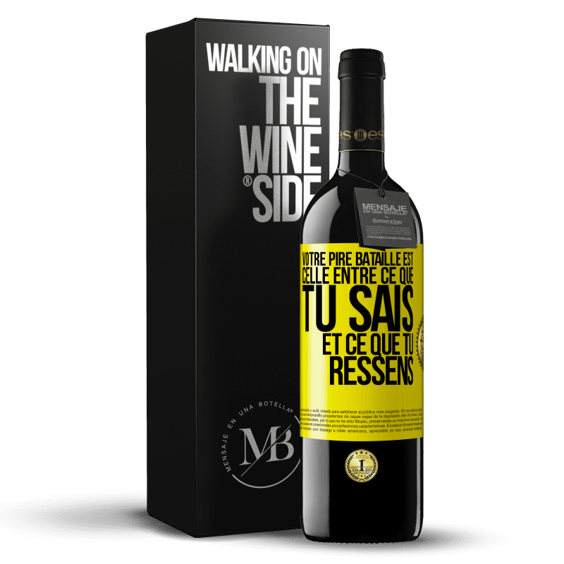 39,95 € Envoi gratuit | Vin rouge Édition RED MBE Réserve Votre pire bataille est celle entre ce que tu sais et ce que tu ressens Étiquette Jaune. Étiquette personnalisable Réserve 12 Mois Récolte 2016 Tempranillo