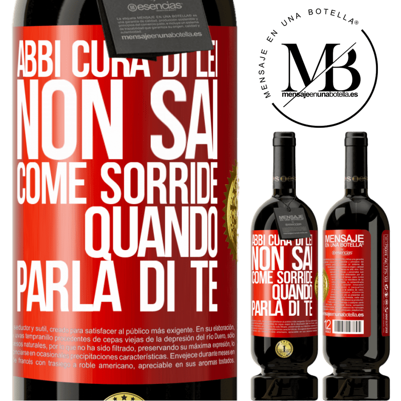 49,95 € Spedizione Gratuita | Vino rosso Edizione Premium MBS® Riserva Abbi cura di lei. Non sai come sorride quando parla di te Etichetta Rossa. Etichetta personalizzabile Riserva 12 Mesi Raccogliere 2015 Tempranillo