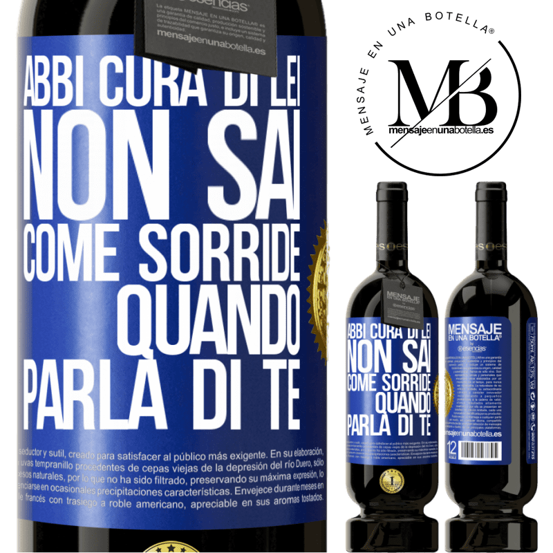 49,95 € Spedizione Gratuita | Vino rosso Edizione Premium MBS® Riserva Abbi cura di lei. Non sai come sorride quando parla di te Etichetta Blu. Etichetta personalizzabile Riserva 12 Mesi Raccogliere 2015 Tempranillo
