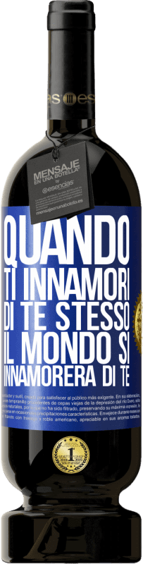 49,95 € Spedizione Gratuita | Vino rosso Edizione Premium MBS® Riserva Quando ti innamori di te stesso, il mondo si innamorerà di te Etichetta Blu. Etichetta personalizzabile Riserva 12 Mesi Raccogliere 2015 Tempranillo