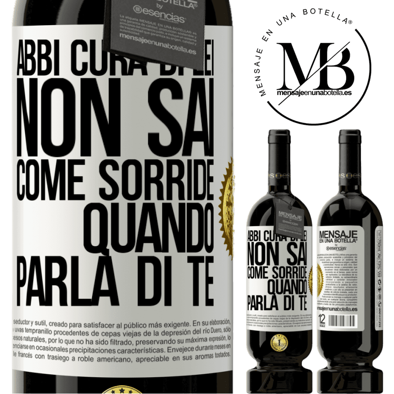 49,95 € Spedizione Gratuita | Vino rosso Edizione Premium MBS® Riserva Abbi cura di lei. Non sai come sorride quando parla di te Etichetta Bianca. Etichetta personalizzabile Riserva 12 Mesi Raccogliere 2015 Tempranillo