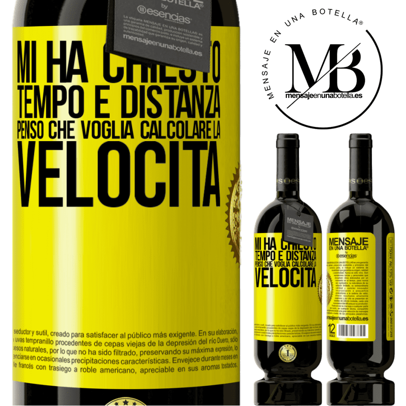 49,95 € Spedizione Gratuita | Vino rosso Edizione Premium MBS® Riserva Mi ha chiesto tempo e distanza. Penso che voglia calcolare la velocità Etichetta Gialla. Etichetta personalizzabile Riserva 12 Mesi Raccogliere 2014 Tempranillo